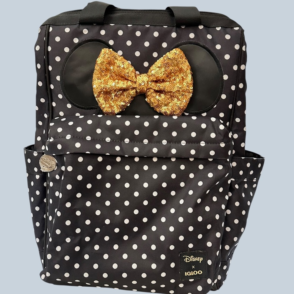 Disney X Igloo Black Polka Dot Cooler Backpack Gold Glitter Bow Accent
